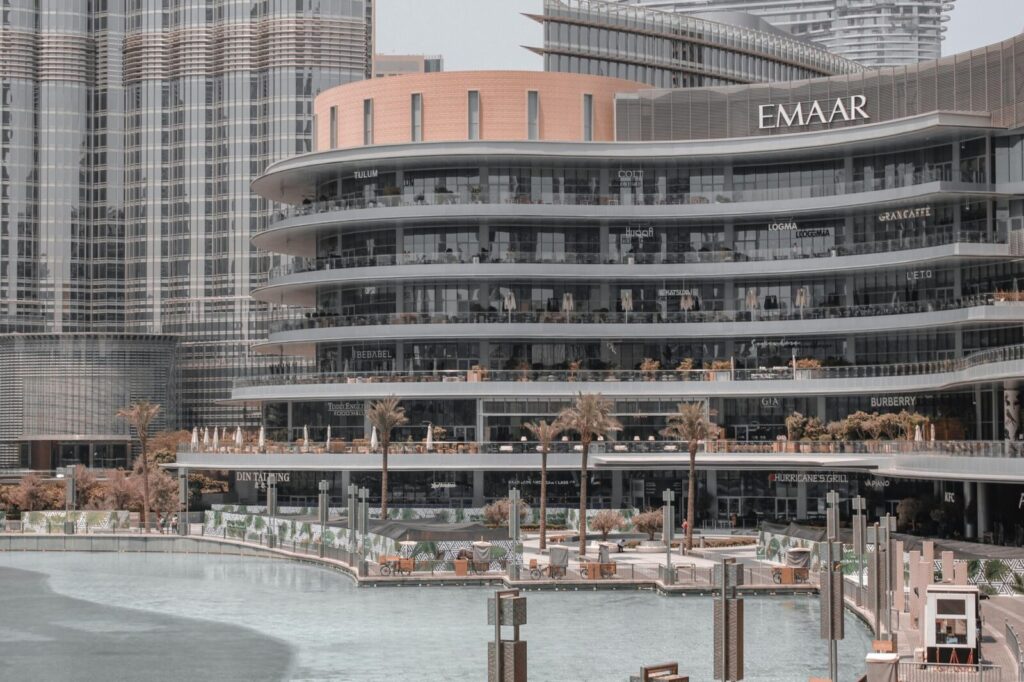 Dubai mall building with modern architecture in Dubai, showcasing urban development.