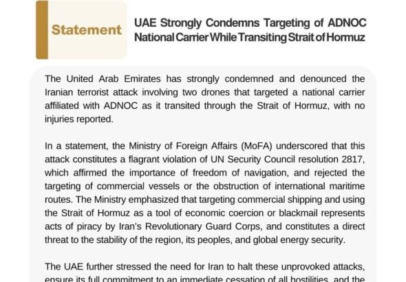 UAE condemns attack ADNOC carrier