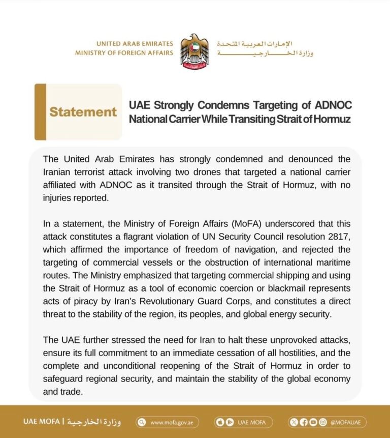 UAE condemns attack ADNOC carrier
