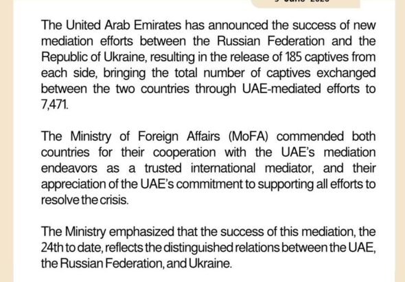 UAE Mediation Russia Ukraine: 370 Captives Freed 20 UAE mediation Russia Ukraine